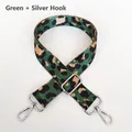 Close-up of green leopard jacquard nylon bag strap with silver metal swivel hooks - Green + Silver Hook