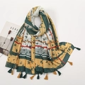 Bamboo leaf print scarf with tassels in dark green and mustard plaid pattern - 180*90CM / Dark Green Ginger Bamboo Leaf (XB913-04)