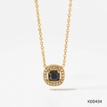 Golden necklace with a square black faceted gemstone pendant and zircon accents - Gold Square Black Gemstone Style (KDD434)