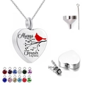 Silver heart urn necklace with cardinal bird and twelve colorful birthstone charms - Set/12 Birthstones