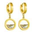 Pendientes de aro dorados de acero inoxidable con colgante redondo de cristal - Dorado Cristal 3D de Media Cara (G119)