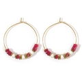 Bohemian gold stainless steel hoop earrings with dark red marble beads and white stone - Dark Red Beaded Gold Hoop