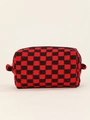 Red and black checkered knitted storage bag with zipper and soft texture detail - Red and Black Plaid
