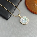 French style floral oil painting necklace with crystal rhinestones and pearls on gold chain - Five-Petal Flower-Green 0385JL
