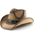 Brown vintage straw cowboy hat with bull head leather band and star metal studs - M (56-58cm) / Khaki