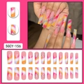 Rainbow gradient French press-on nails with rhinestones in long coffin shape - Rainbow Gradient French Rhinestone Coffin Style (SGCY-156)