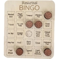 Close-up of wooden Basketball Bingo board with engraved terms and basketball-shaped markers - Basketball