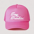 Pink Day Drinkin' trucker hat with mesh back and embroidered letters for outdoor sun shade - One Size / Rose Red with White Logo