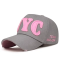 Grey baseball cap with pink NYC patch embroidery and vintage distressed brim detail - Adjustable / Gray