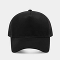 Front view of black trucker hat featuring breathable mesh panels and a curved brim - Adjustable / Solid Black