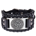 Wikinger Kompass Lederarmband mit schwarzem Rosshautband und Metallanhänger Verzierung - PU-Leder Schwarz + Altsilber