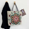 Vintage canvas tote bag with colorful ethnic floral embroidery and striped handles - Style 6