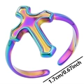 Macro detail of rainbow gradient cross open ring showing 1.7cm adjustable diameter - Rainbow
