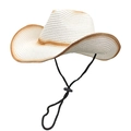 Detail of gradient woven straw hat with adjustable black chin strap on white backdrop - White