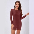 Slim fit burgundy long sleeve dress with sparkling silver rhinestones and open back design - M / Coffee