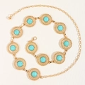 Vintage golden chain belt with circular turquoise inlays and textured medallion links - Gold Turquoise Style (19439)