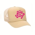 Cappello trucker in rete beige con stampa Take It Easy rosa e visiera curva unisex - Taglia unica / Cachi