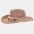 Bohemian straw Panama hat with shell decorations and western cowboy style brim - Pink
