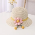 Beige strooien zonnehoed voor kinderen met roze bloem en gele decoratieve band - Kindermaat (54cm) / Hoed / Beige