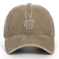 Close-up of skeleton hand embroidery and GOOD VIBES text on washed cotton baseball cap - One Size / Khaki
