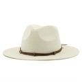Detail of light beige woven straw cowboy hat with a brown faux leather belt and buckle - Creamy White