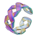 Macro detail of rainbow titanium steel ring featuring woven texture and adjustable opening - Rainbow