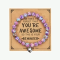 Handmade purple nebula beaded bracelet with silver heart charm and inspirational card - Imperial Flower Purple Heart Style (With Card)