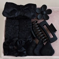 Detailed view of black hair spa set featuring velvet scrunchies and matte hair claws - Black Collection (12-Piece Set)