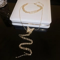 Gold layered heart star necklace with sparkling butterfly pendant and long fringe chain - Gold Large Butterfly