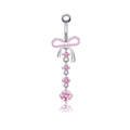 Pink butterfly belly button ring with sparkling zircon heart pendant in silver finish - Pink Bowknot