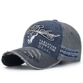 Blue and gray patchwork washed denim baseball cap with distressed details and embroidery - Navy Blue Front Grey Body