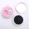 Pink portable folding mirror comb featuring a cute bear pattern and air cushion brush - Pink Panda