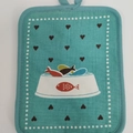 Thick teal cotton kitchen heat insulation pad with white fish and heart pattern - Fish
