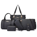 Black 6-piece women handbag set with geometric pattern including tote and shoulder bag - Black