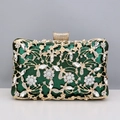 Elegant emerald green evening clutch bag with gold hollow frame and sparkling floral crystals - Dark Green