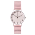 Fashionable pink quartz watch for women with round dial and flexible elastic stretch band - Pink