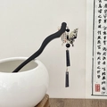 Chinese vintage wooden hair pin featuring butterfly tassels and ink calligraphy details - 3# Water Drop Butterfly (Wooden)