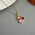 Minimalist gold cherry pendant necklace with red and pink gemstones and sparkling leaf diamonds - Red Pink Cherry Necklace 0375