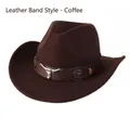Classic coffee brown wool felt western cowboy hat with leather strap and bull head decor - One Size 57-58cm / Leather Band with Cow Skull Style / Coffee