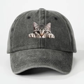 Unisex gewassen donkergrijze baseballpet met grappige kattenafbeelding op de voorkant - Eén maat / Zwart