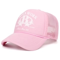 Detail of pink foam trucker hat showing breathable mesh and Blackwork star print - Pink