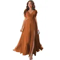 Elegant amber brown bridesmaid maxi dress with V-neck, flutter sleeves and high slit detail - S (US 2) / Top And Bottom / Caramel color