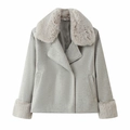Women's grey wool coat with elegant faux fur collar and cuffs on white background - S / Light Gray