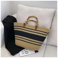 Borsa tote in paglia intrecciata beige con strisce nere e manici in vero bambù - A Righe Nere e Cachi
