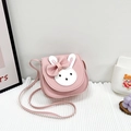 Pink girls crossbody bag with cute white bunny face and bow in PU leather - Pink
