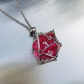 Silver chain necklace with a translucent red D20 dice in a metal mesh net cage - Silver Cage with Rose Pink Dice