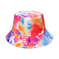 Detail of multi-color tie-dye bucket hat featuring white butterfly and moon prints - Multi-color Tie-Dye Butterfly Moon (I)