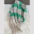 Long winter knit scarf featuring green, beige and grey stripes with fringe tassels - Green Beige Grey Stripes