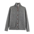 Dark grey knitted cardigan for women featuring a stand collar and ribbed texture - S / Gray