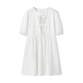 Detail of white puff sleeve dress featuring a tie-front neckline and pleated waist texture - S / White